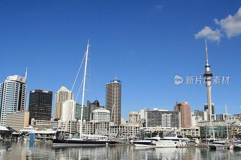 新西兰奥克兰- 6月14日:奥克兰天际线。从奥克兰港口观看，有建筑物、天空塔和船只。